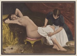 Nainen nousemassa sängystä (väri litho)