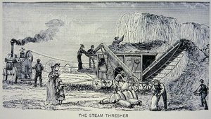 Steam Thresher, "Marvels of the New West" vuodelta 1888 (kaiverrus) tekijältä W.H. Thayer