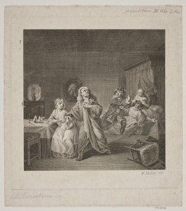 Synnytysosasto III. näytöksen 6 kohtaus. Kaiverrus Lorenzenin Holbergin gallerian mukaan. tekijältä WIlhelm Heuer
