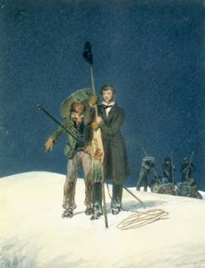 Charles Fellows William Hawesin kanssa, Plants a Baton on the Summit, sisältyi liitteenä Charles Fellowsin (1799-1860) Kertomukseen noususta Mont Blancin huipulle, julkaistu 1827 (wc on pa). tekijältä W.S. Hastings