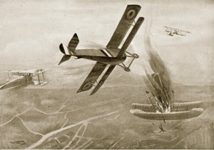 Kapteeni Hawkerin ilmataistelu kolmen saksalaisen lentokoneen kanssa, 25. heinäkuuta 1915, kuva The History of the Nationista