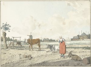 Maisema maanviljelijän vaimon ja karjan kanssa tekijältä W. Barthautz