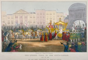 Näkymä Temple Barista Queen Victorian vierailun aikana Lontoon Cityyn vuonna 1837 tekijältä W Clerk