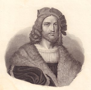 Italialaisen runoilijan Antonio Tebaldeon (1463-1537) muotokuva, kuparikaiverrus Rafaelin maalauksesta.