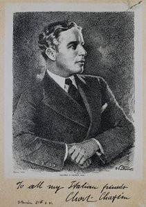 Sir Charles Spencer Chaplinin (1889-1977), englantilaisen näyttelijän ja ohjaajan muotokuva tekijältä John Ward Dunsmore