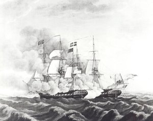 USS Constitution ja HMS Guerriere (litografia) tekijältä John Ward Dunsmore