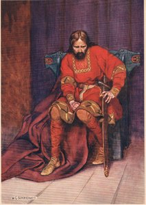 Kuningas puhuu Hamletin tappamisesta, William Shakespearen Hamletista, Hodder und Stoughtonin vuonna 1915 julkaisemasta painoksesta. tekijältä W. G. Simmonds