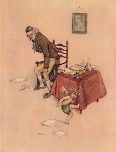 Hän hyppäsi alas vanhan miehen sylistä ja tanssi hänen ympärillään lattialla, c1930 tekijältä William Heath Robinson