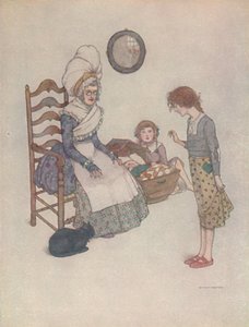Hän istui eräänä päivänä ja teki punaisesta kankaasta parin pieniä kenkiä, c1930 tekijältä William Heath Robinson