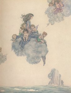 Ilman muiden lastensa kanssa, nousi korkealle ruusupilven yläpuolelle, c1930 tekijältä William Heath Robinson