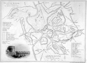 Rooma, Italia: Muinaisten ja nykyaikaisten kohteiden vertaileva kartta, n. 1850 (kaiverrus) tekijältä W Hughes