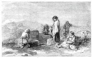 Pyhiinvaeltajat Pyhälle Kaivolle - kirjoittanut F.W. Topham - uudesta akvarellinäyttelystä, 1845. tekijältä W. J. Linton