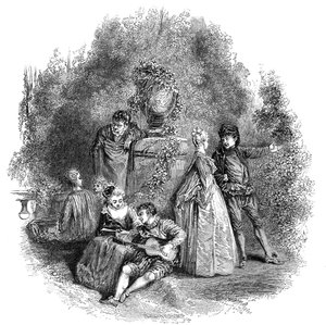 Kohtaus Watteausta vuosina 1644, 1844. tekijältä W. J. Linton