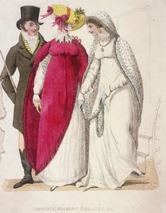 Kaksi naista yllään kävelymekot miehen seurassa, c1810