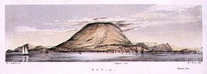 Näkymä Charlestownista Nevis-saarella, Länsi-Intiassa, kaiverrus Henry C. Trery (fl.1849-54), n.1849 (värillinen litho) tekijältä W. S. (after) Andrews