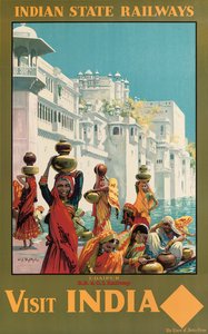 Vieraile Intiassa, Udaipurissa, Indian State Railwaysin mainosjulisteessa (värilitografia) tekijältä W. S. Bylityllis