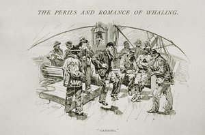 "Gaming" (valaanpyytäjät rentoutumassa ja tanssimassa kannella), "The Perils and Romance of Whaling" -julkaisussa Century Magazine, elokuu 1890 (kaiverrus) tekijältä W. Taber