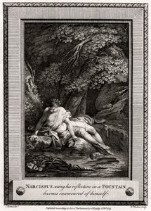 Narcissus, joka näkee heijastuksensa suihkulähteessä, ihastuu itsestään, 1775