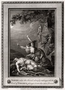Thisbe ottaa miekan, joka haisee jo Pyramuksen vereltä, syöksyy sen..., 1775. tekijältä W. Walker