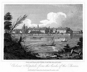 Chelsea Hospital, Banks of the Thames, Lontoo, 1816. tekijältä W. Wallis