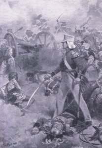 Chilianwala, 13. tammikuuta 1849: Pennycuickin ruumis, jota hänen poikansa vartioi, kuva brittiläisistä taisteluista maalla ja merellä, 1915 tekijältä Wal Paget