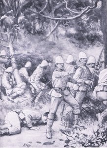 Taistelu tiellä metsän läpi matkalla Coomassieen, esimerkki teoksesta "British Battles on Land and Sea" tekijältä Wal Paget