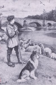 Musselburghin vanhan roomalaisen sillan näkeminen herättää John Rennien paimenpojan mielikuvituksen, My Magazine, pub.1922 (litho) tekijältä Wal Paget