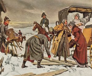 Kuningatar Louise pakenemassa Memeliin, 5. tammikuuta 1807 (tehostettu värilitro). tekijältä Waldemar Friedrich