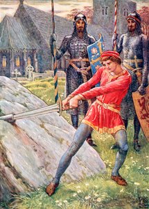 Arthur vetää miekan kivestä (värilitografia). tekijältä Walter (after) Crane