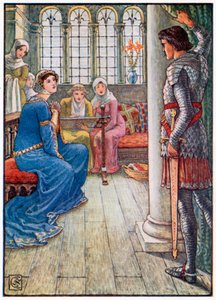 Sir Owen tervehtii suihkulähteen neitoa (värilitografia) tekijältä Walter (after) Crane