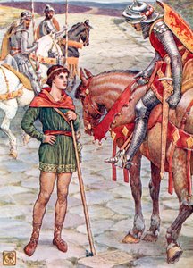 Nuori Perceval kysyy Sir Owenilta (värilitografia) tekijältä Walter (after) Crane