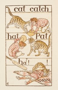 Poika leikkii kissan kanssa. Kuvitus teoksessa "The Golden Primer". tekijältä Walter Crane