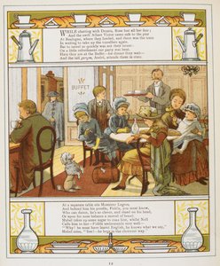 Perhe nauttimassa virvokkeita buffetissa. Värikuvitus ulkomailta. tekijältä Walter Crane