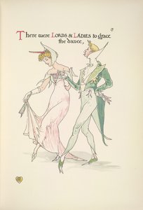 Nuori mies ja nainen valmistautuvat tanssimaan tekijältä Walter Crane