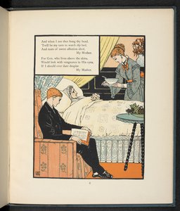 Nuori mies istuu äitiään, joka on sängyssä, ja hänelle ruokitaan keittoa. tekijältä Walter Crane