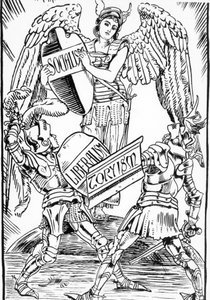 Allegoria Walter Crane: Sosialismi voitti kovaa taistelua liberalismin ja torysmin (Englantilainen konservatiivipuolue) välillä. Kaiverrus 1800-luvun lopulta. tekijältä Walter Crane