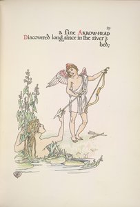 Enkeli pitelee nuolta ja nainen joessa tai järvessä tekijältä Walter Crane