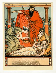 Ja hän kaatuu kuoleman kaltaiseen uneen, The Blue Beard Picture Book -pubista. 1879. tekijältä Walter Crane