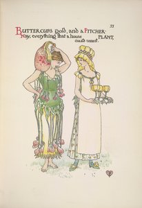 Buttercups kulta- ja kannukasvi. Kaksi nuorta naista tekijältä Walter Crane