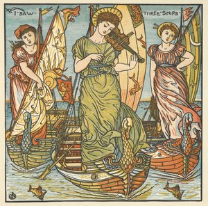 Värikuvitus sanalle "Näin kolme laivaa". Kolme naista, joista yksi soittaa viulua, seisoo laivoilla. tekijältä Walter Crane
