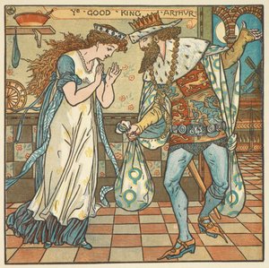 Värikuvitus "Kuningas Arthurille". Kuningas Arthur ja hänen kuningattarensa säkillisen ainesosien kanssa luumuvanukkaan valmistamiseksi. tekijältä Walter Crane