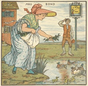 Värikuvitus rouva Bondille. Nainen ruokkimassa ankkoja majatalon ulkopuolella. tekijältä Walter Crane