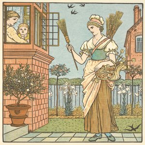 Värillinen kuva sanalle "osta luuta". Nuori nainen myy luutoja. tekijältä Walter Crane