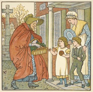Värikuvitus "hot cross pulls". Vanha nainen antaa kuumia ristipullia kahdelle lapselle. tekijältä Walter Crane