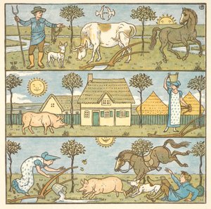 Värillinen kuva "pienelle katastrofille". Maanviljelijä, maitoneito ja erilaisia kotieläimiä. tekijältä Walter Crane