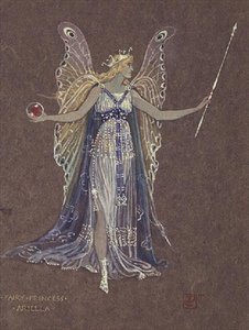 Pukusuunnittelu keijuprinsessa Ariellalle, "Lumiukko" (akvarelli ruskealle paperille) tekijältä Walter Crane