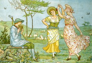 Etukappaleen suunnittelu kappaleeseen "Pan-Pipes", Vanhojen laulujen kirja, vastasovitettu ja säestettynä Theo. Marzials, julkaissut Lontoossa George Routledge und Sons, 1884 tekijältä Walter Crane