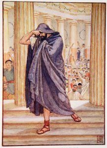 Hän lähti konventista piilottaen kasvonsa viittaansa, kuvitus Mary Macgregorin Kreikan tarinasta, 1. painos, 1913 (väripainatus) tekijältä Walter Crane