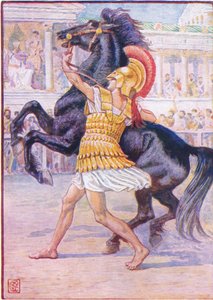 Hän juoksi hevosta kohti ja tarttui suitsiin, esimerkki Kreikan tarinasta, 1930-luku tekijältä Walter Crane