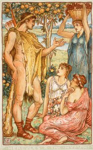 Hercules ja nymfit, kuvitus Nathaniel Hawthornen "Ihmekirjasta tytöille ja pojille", 1852 tekijältä Walter Crane